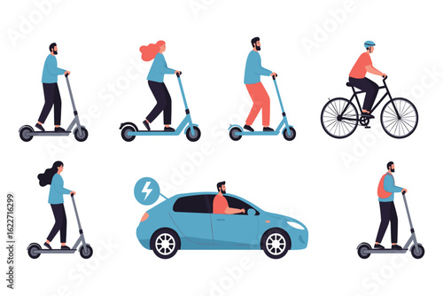 People riding scooters and bicycle near electric car electric scooter kick scooter