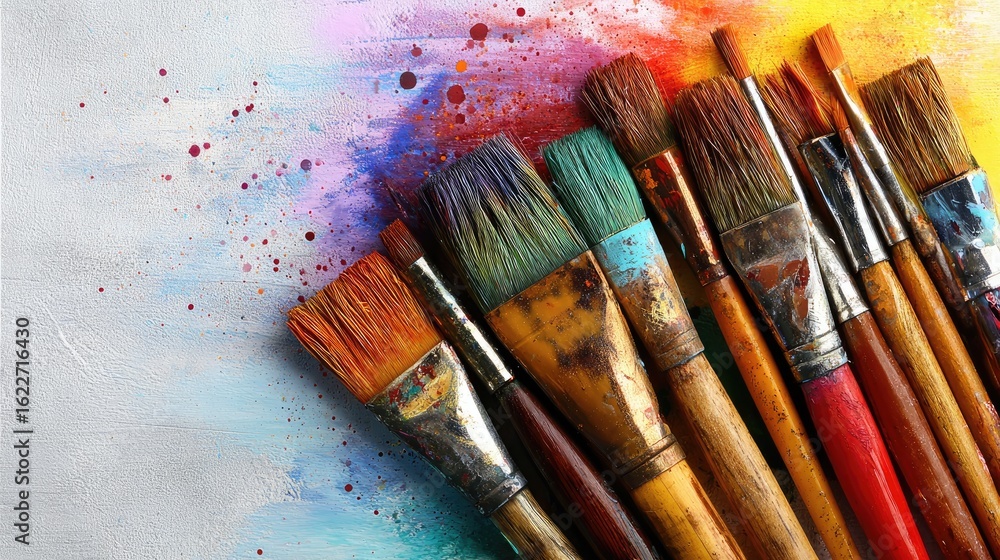 Fototapeta premium Assorted paintbrushes on colorful art surface