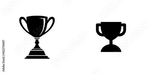 A hand-drawn, simple illustration of a trophy cup silhouette icon, symbolizing victory, is depicted as a modern black pictogram isolated on a white background