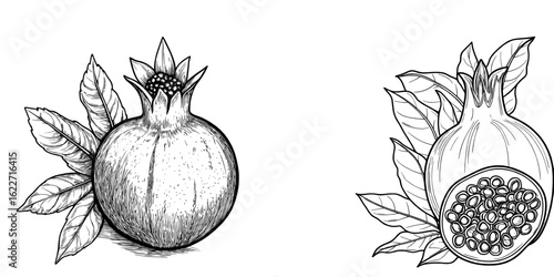 The Punica pomegranate Garnet plant with fruits is shown in a black and white hand drawn image, featuring a modern illustration sketch engraving, ideal for T-shirt apparel print design, with a