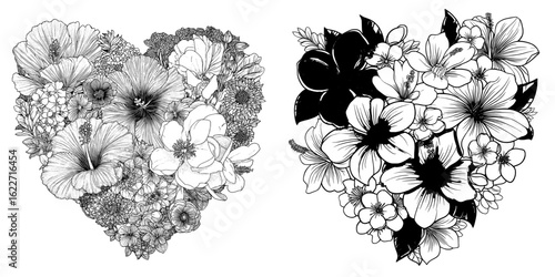 The design features a heart-shaped floral pattern with black and white hibiscus, plum flowers, peach flowers, sakura flowers, magnolia flowers, and camellia japonica
