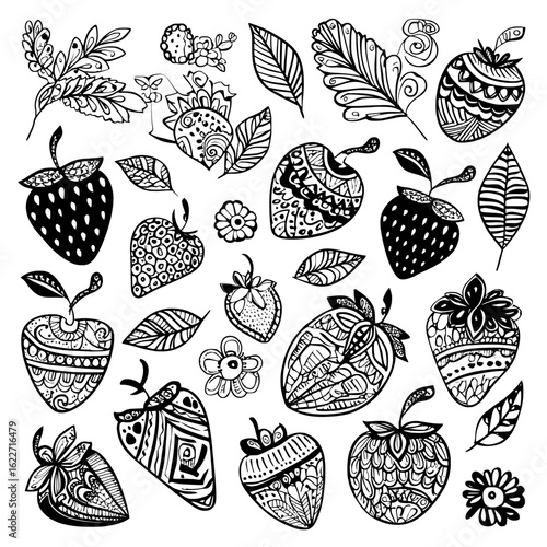 A contemporary collection of manually illustrated monochrome strawberries