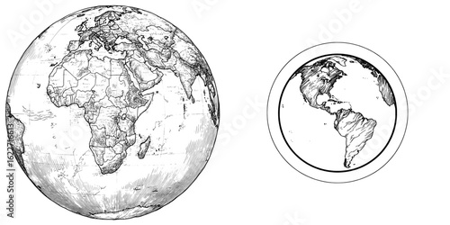 A continuous line drawing of the Earth is depicted as a modern, hand-drawn insignia on a white background