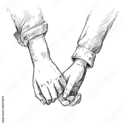 Monochrome concept illustration for Valentine's Day, depicting the outline of two human hands reaching towards each other in close-up, set against a white background with black lines