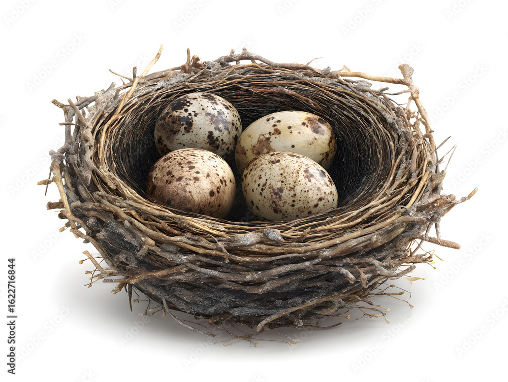 Obraz premium Detailed natural bird nest made of twigs and grass, holding speckled eggs with soft earthy tones, realistic texture, isolated on white background.