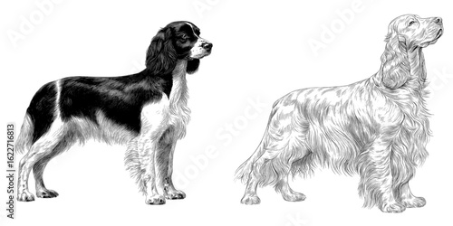 The image features a modern, isolated sketch of an English Springer Spaniel in profile, colored in black and set against a white background
