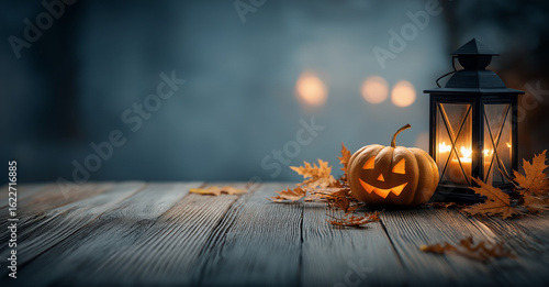 Halloween background with a lantern and pumpkin on a wooden table, 