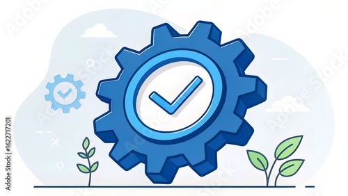 Blue gear icon with internal tick, emphasizing error-free and validated automation systems.