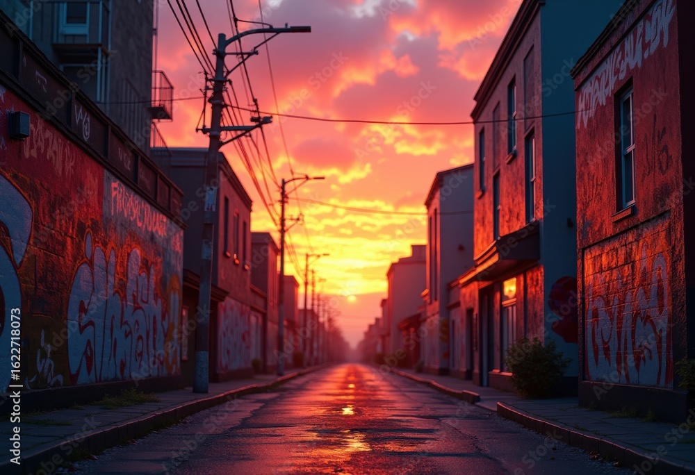 Fototapeta premium creative graffiti sunset skyline silhouettes urban art lighting vibrant colors, buildings, cityscape, clouds, street, paint, colorful, pattern, canvas