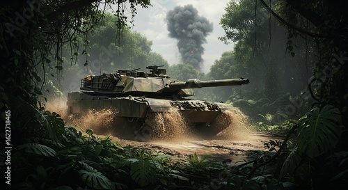 Military Tank in Dense Jungle with Smoke and Explosions Background