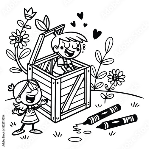Cheerful children playing hide and seek in a crate with flowers and crayons