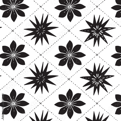 A seamless geometric pattern in a vintage mid-century modern style showcases repeating motifs of stylized black starbursts and six-petaled flowers. 