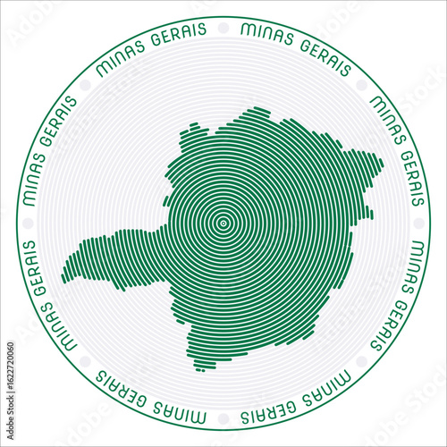 Minas Gerais round logo design. State shape build of rings. Minas Gerais text around the state. Vector Illustration.