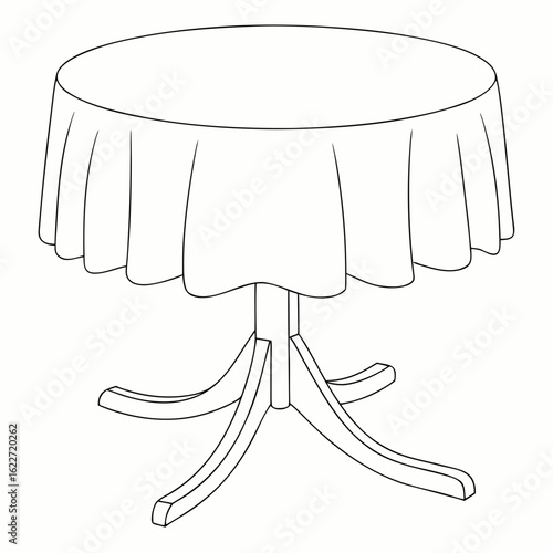 A simple line drawing of a round table covered with a draped tablecloth and supported by a wooden pedestal base