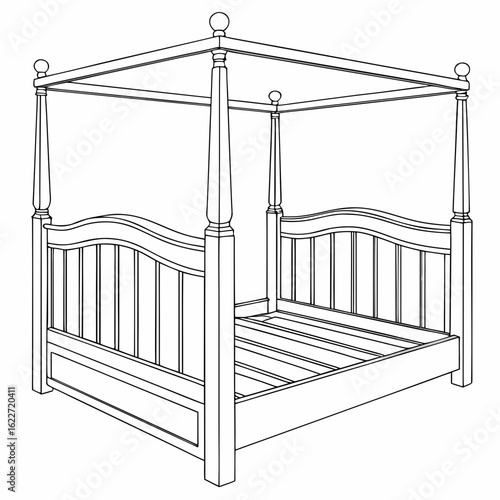 Classic four poster bed frame with spindle headboard and footboard detailed line drawing