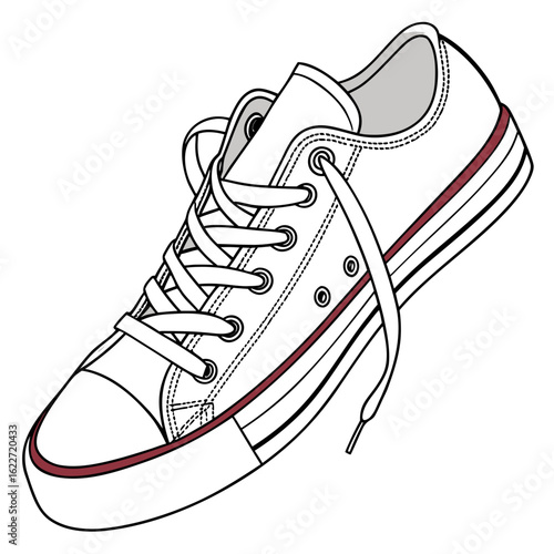 Classic white canvas low top sneaker with red stripe detail and white laces