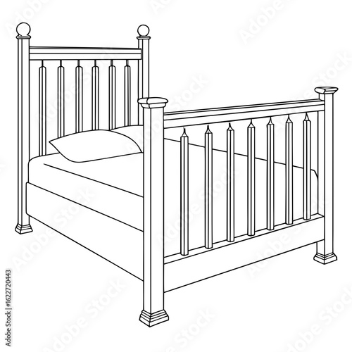 Classic wooden bed frame with spindle headboard and footboard and a single pillow