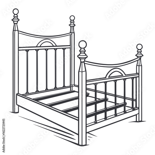 Classic metal bed frame with ornate posts and slatted support system