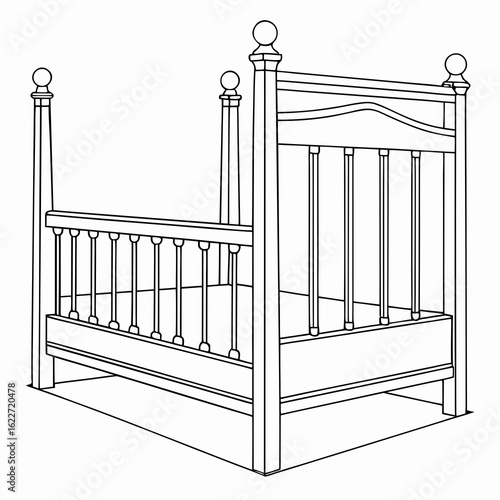 Detailed line drawing of a classic four poster bed with spindled rails