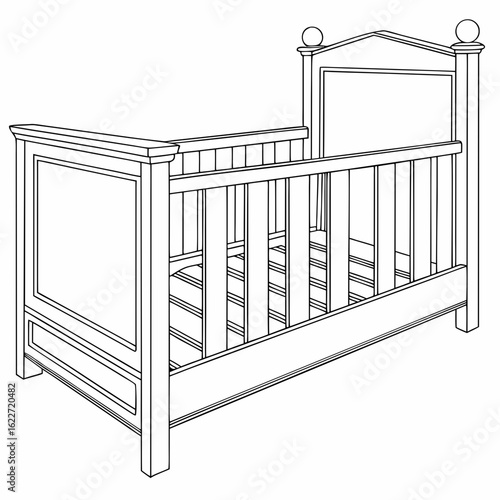 Detailed line drawing of a classic wooden baby crib with decorative ball finials