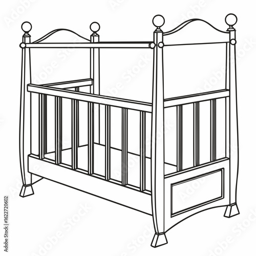 Elegant line art illustration of a classic wooden baby crib with decorative finials