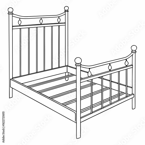 Elegant outline drawing of a classic metal bed frame with decorative finials and spindles