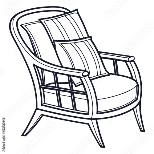 Elegant outline drawing of a comfortable armchair with striped cushions