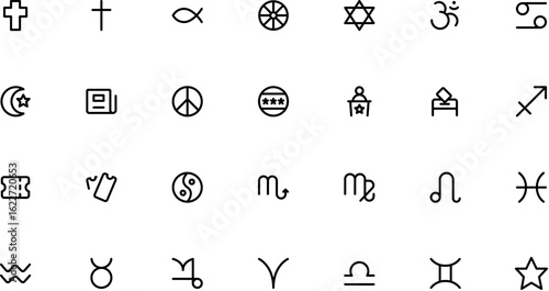 Editable stroke icon set religion zodiac signs politics peace symbols christianity islam astrology icons vector graphic design elements and more vector icons