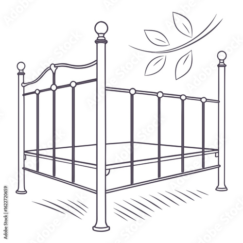 Elegant sketch of a vintage metal bed frame with a delicate branch of leaves