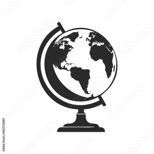 Black and white globe icon showing continents on stand