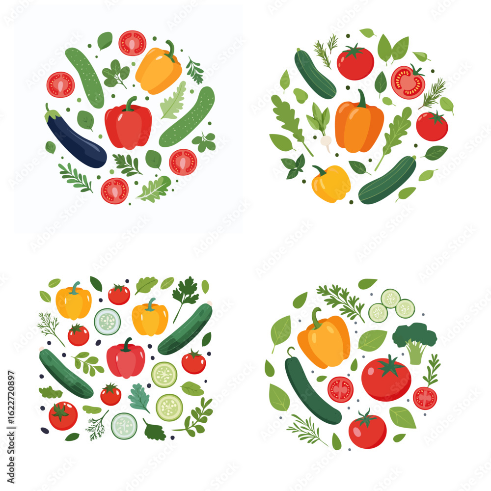 Obraz premium Flat vector illustration of colorful vegetable arrangement flatlay- peppers, tomatoes, cucum