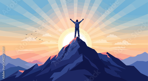 Flat vector illustration of a person standing on a mountain peak at sunrise with arms raised, adventure and freedom theme, isolated on white