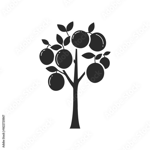 Silhouette of apple tree with branches and leaves on white background