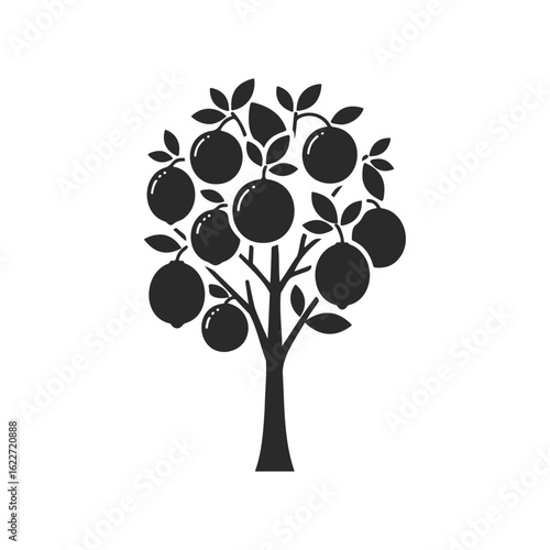 Black silhouette of fruit-bearing lemon tree with leaves and branches