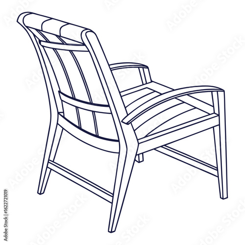 Stylized outline of a modern armchair with slatted back and seat