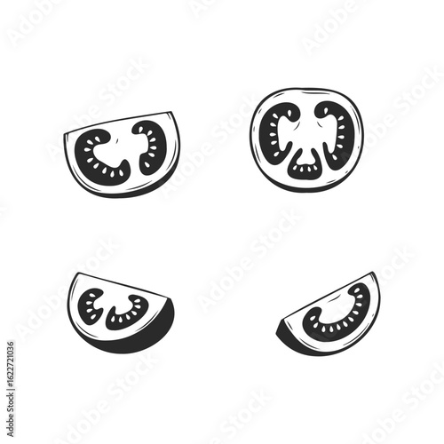 Set of hand-drawn tomato slices in various views and angles