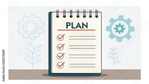 Notepad labeled PLAN with bullet list and gear, reflecting structured execution in business models.