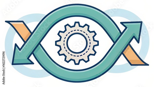 Gear within dual half-arrows forming a cycle, representing agile process loops and adaptive operations.