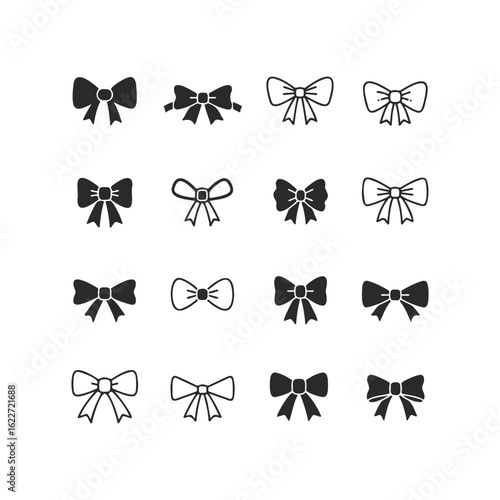 Collection of black bow tie icons in various styles on white background