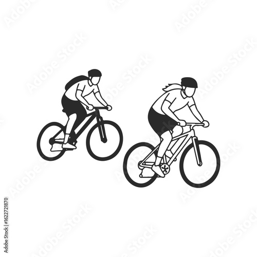 Two adults cycling on mountain bikes in minimalist black and white design