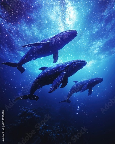 Three whales swim in a vibrant blue underwater scene.  Stars and light illuminate the deep ocean, creating a magical atmosphere