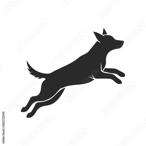 Silhouette of a jumping dog in motion on white background
