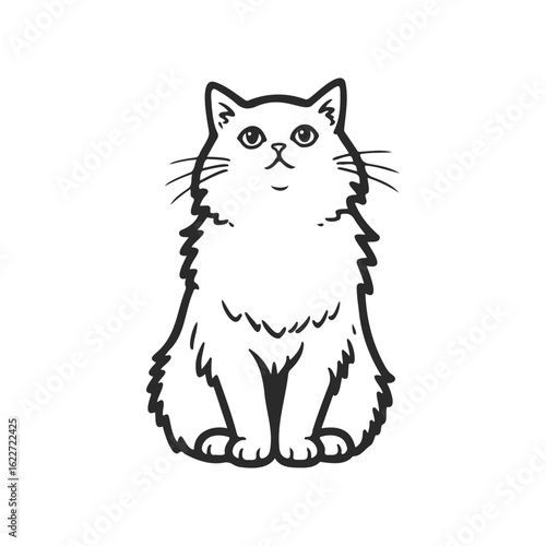 Simple black and white drawing of a fluffy cat sitting gracefully