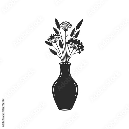 Silhouette of wildflowers in vase with lavender and dill