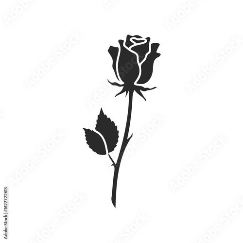 Black silhouette of rose with stem and leaves on white background