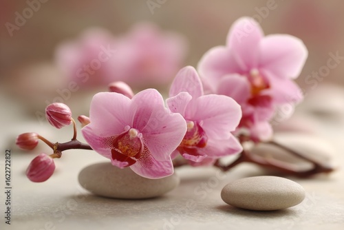 Delicate pink orchids with smooth stones on a serene surface in a tranquil setting