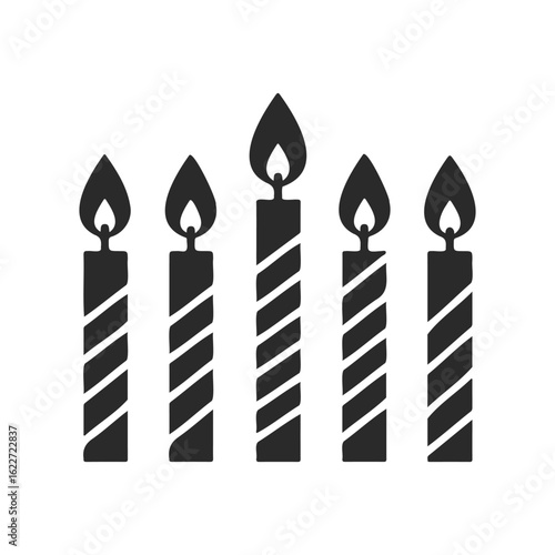 Silhouette of five burning spiral candles on white background