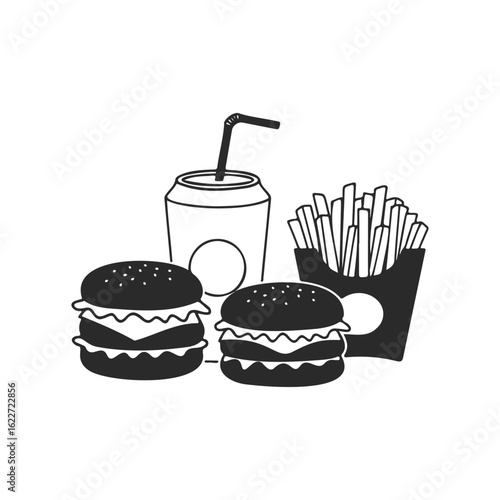 Fast food meal: burgers, fries, and soda illustration