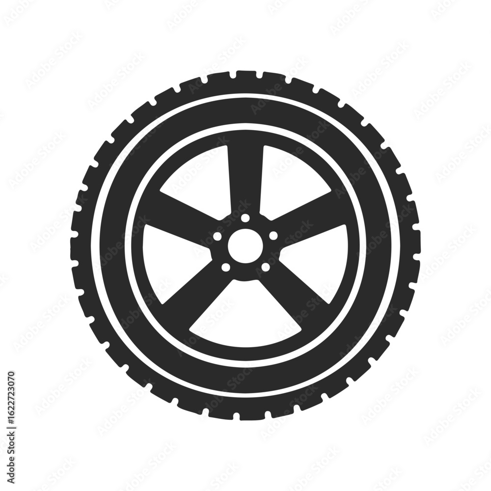 Fototapeta premium Black wheel icon with five-spoke design on white background