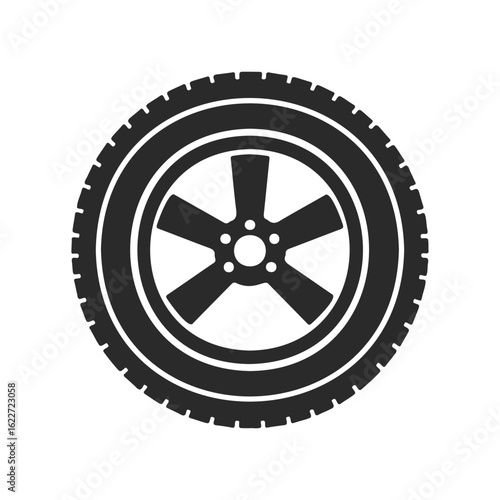 Silhouette of a car tire with rim on white background